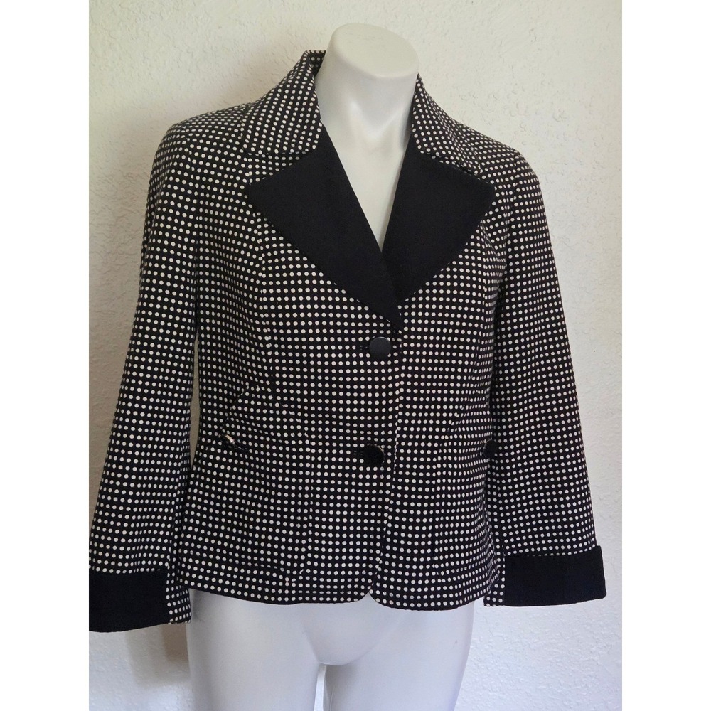 Talbots Womens Black White Polka Dot Blazer Contrast Lapel Double Breasted Coat